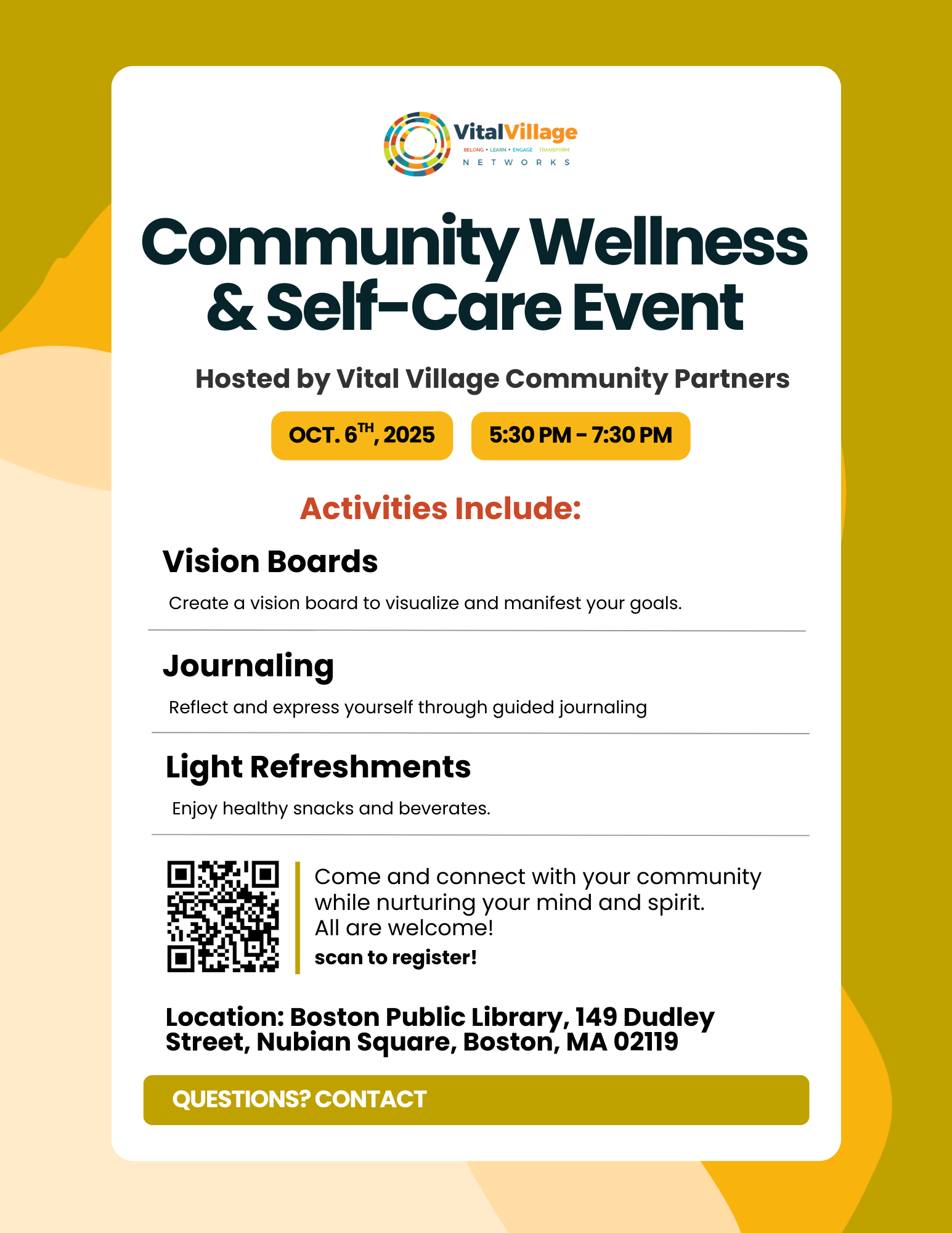 Event flyer with description, date and time info, and a QR code to register. 